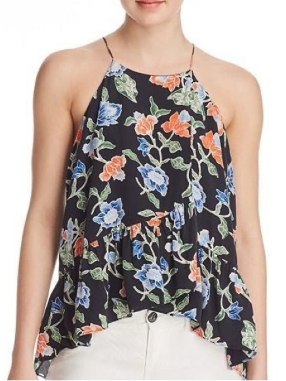 Joie Derwen Black Floral Silk Ruffle Blouse Top Spaghetti Strap Camisole